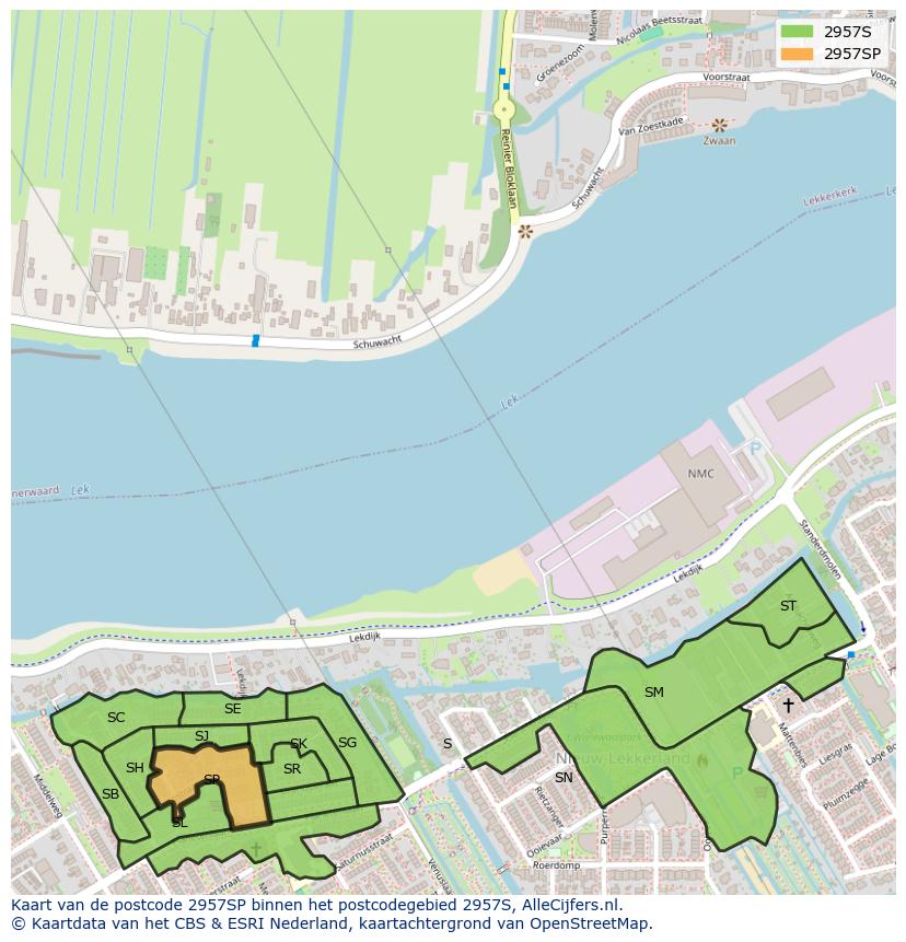 Afbeelding van het postcodegebied 2957 SP op de kaart.