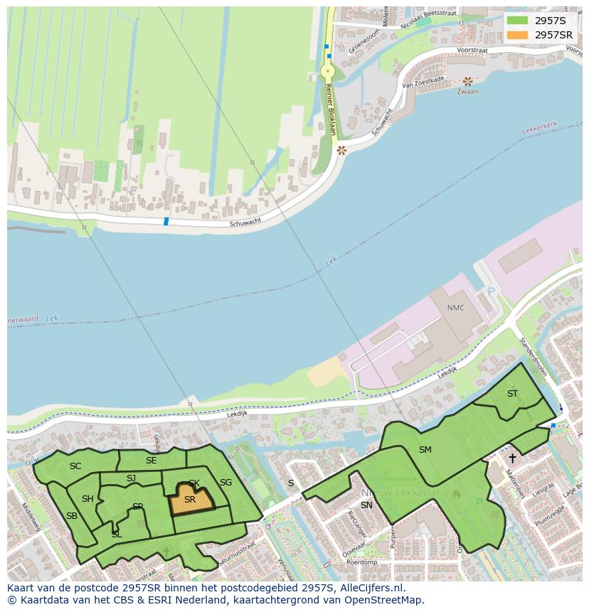 Afbeelding van het postcodegebied 2957 SR op de kaart.
