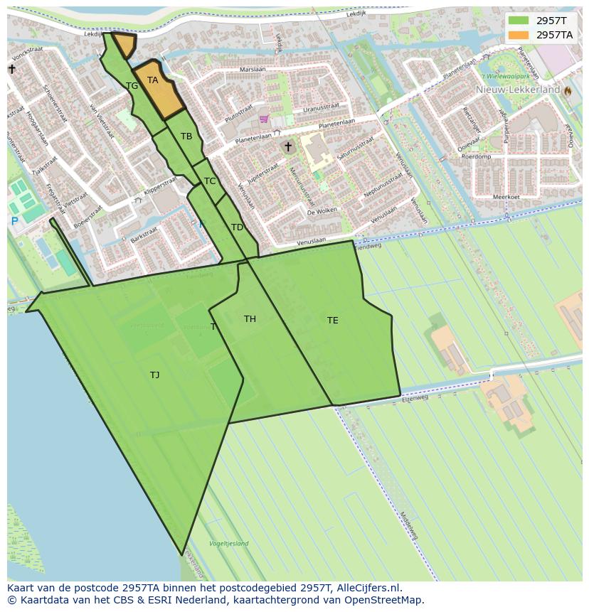 Afbeelding van het postcodegebied 2957 TA op de kaart.