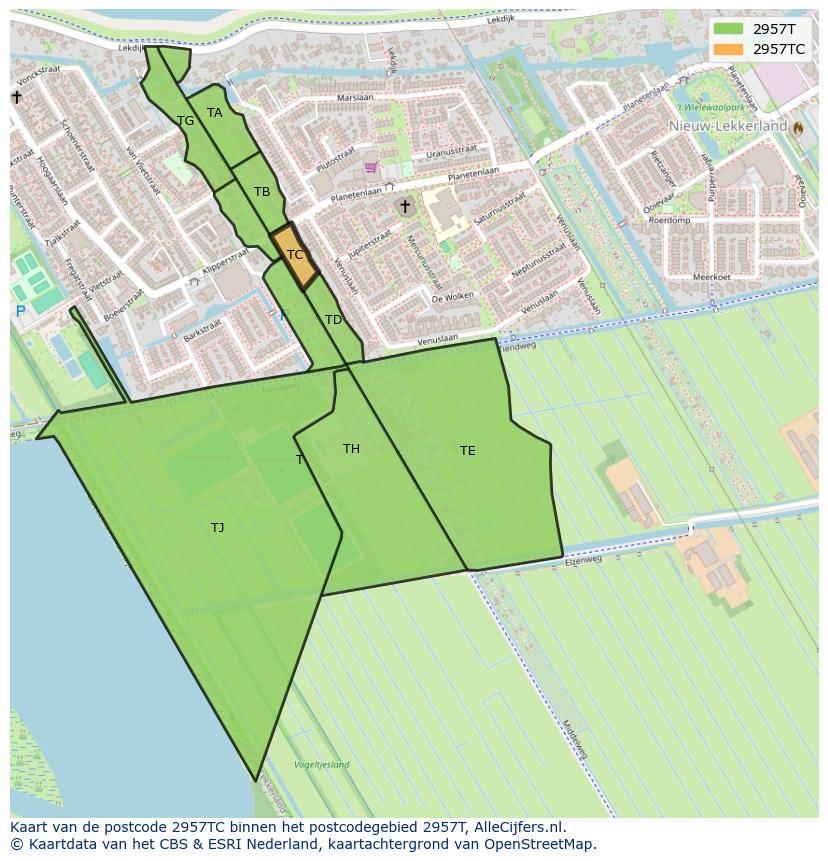 Afbeelding van het postcodegebied 2957 TC op de kaart.