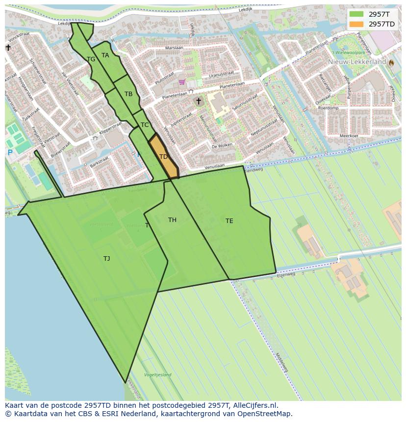Afbeelding van het postcodegebied 2957 TD op de kaart.