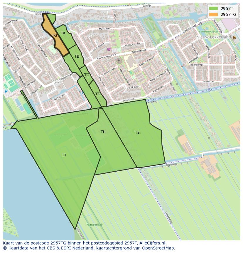 Afbeelding van het postcodegebied 2957 TG op de kaart.