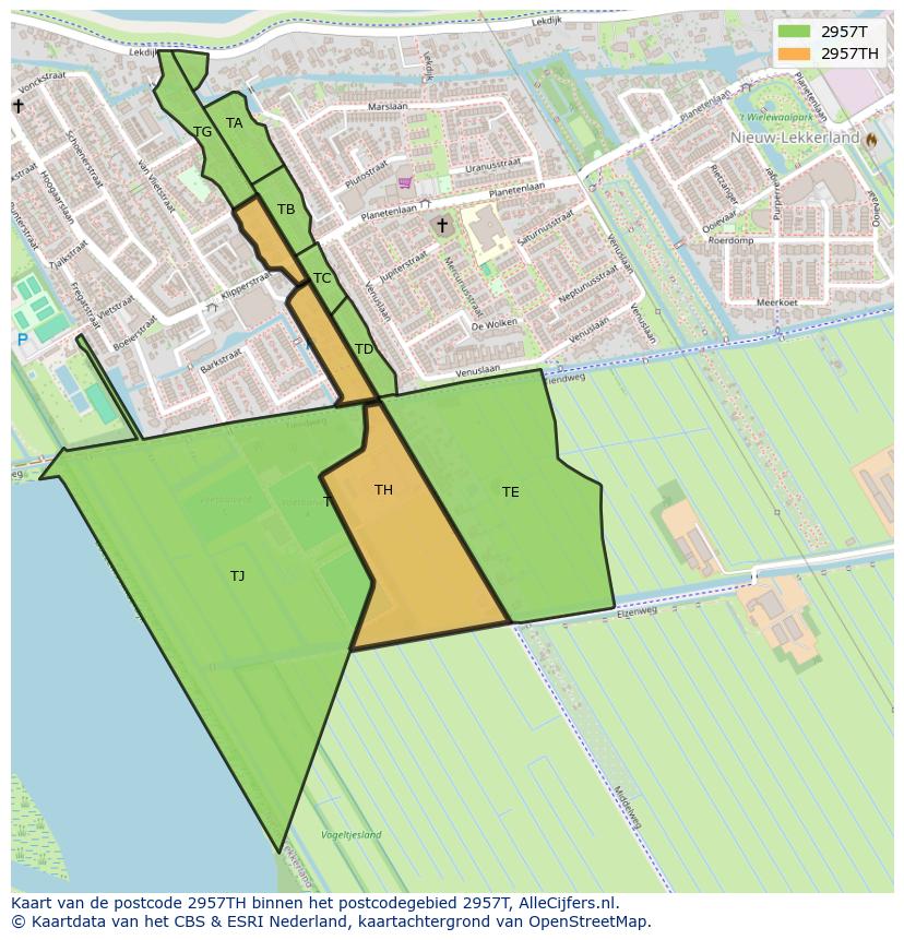 Afbeelding van het postcodegebied 2957 TH op de kaart.