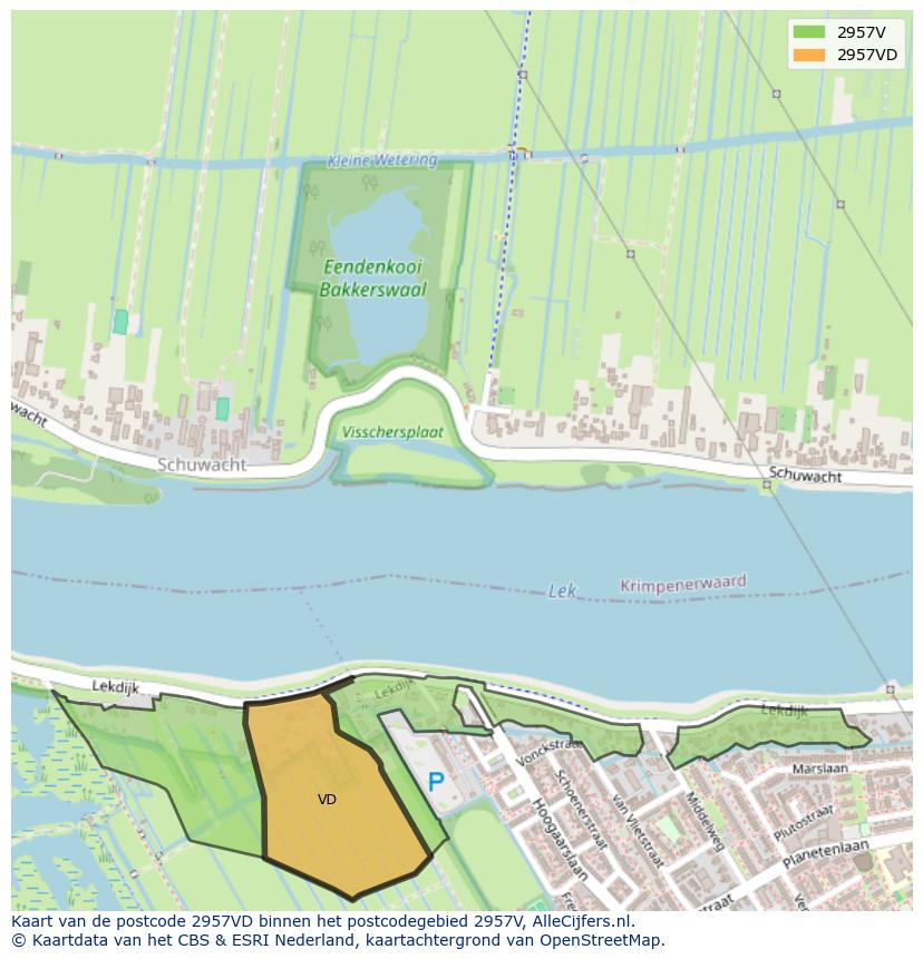 Afbeelding van het postcodegebied 2957 VD op de kaart.