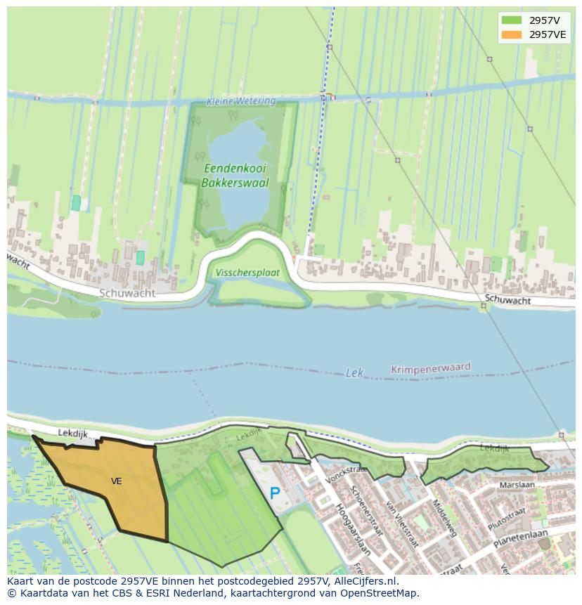 Afbeelding van het postcodegebied 2957 VE op de kaart.