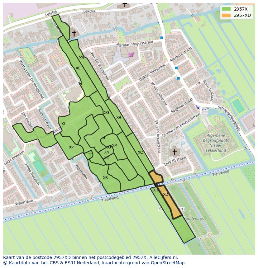 Afbeelding van het postcodegebied 2957 XD op de kaart.