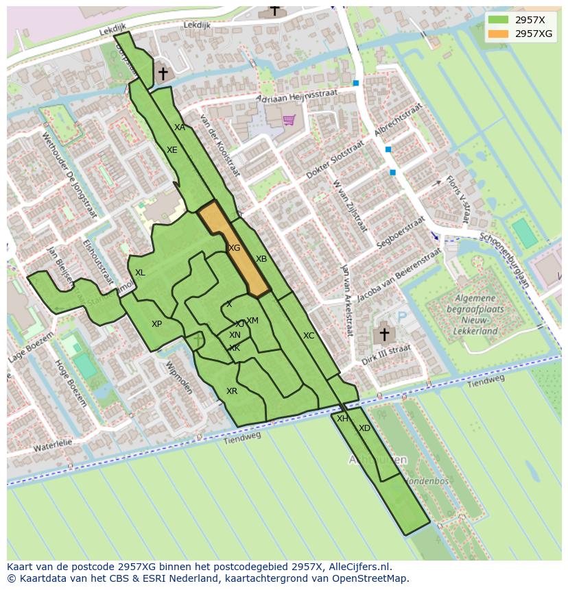 Afbeelding van het postcodegebied 2957 XG op de kaart.