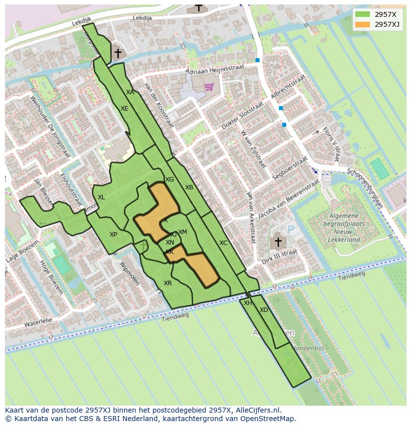 Afbeelding van het postcodegebied 2957 XJ op de kaart.