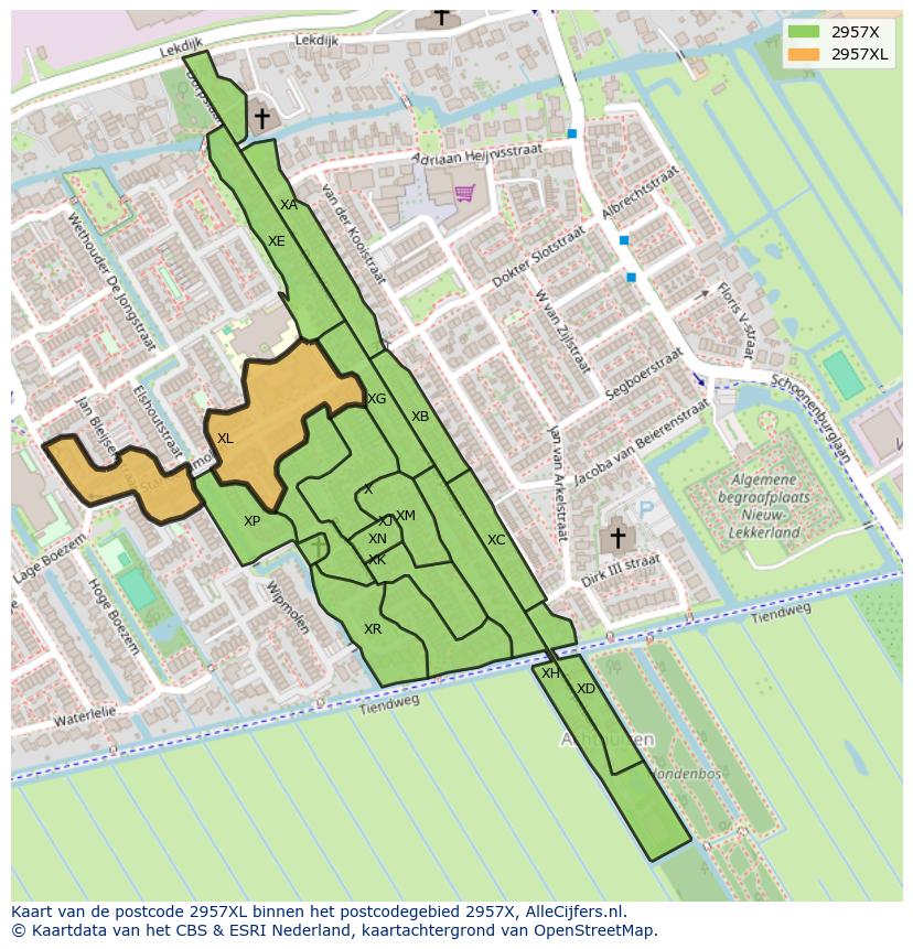 Afbeelding van het postcodegebied 2957 XL op de kaart.