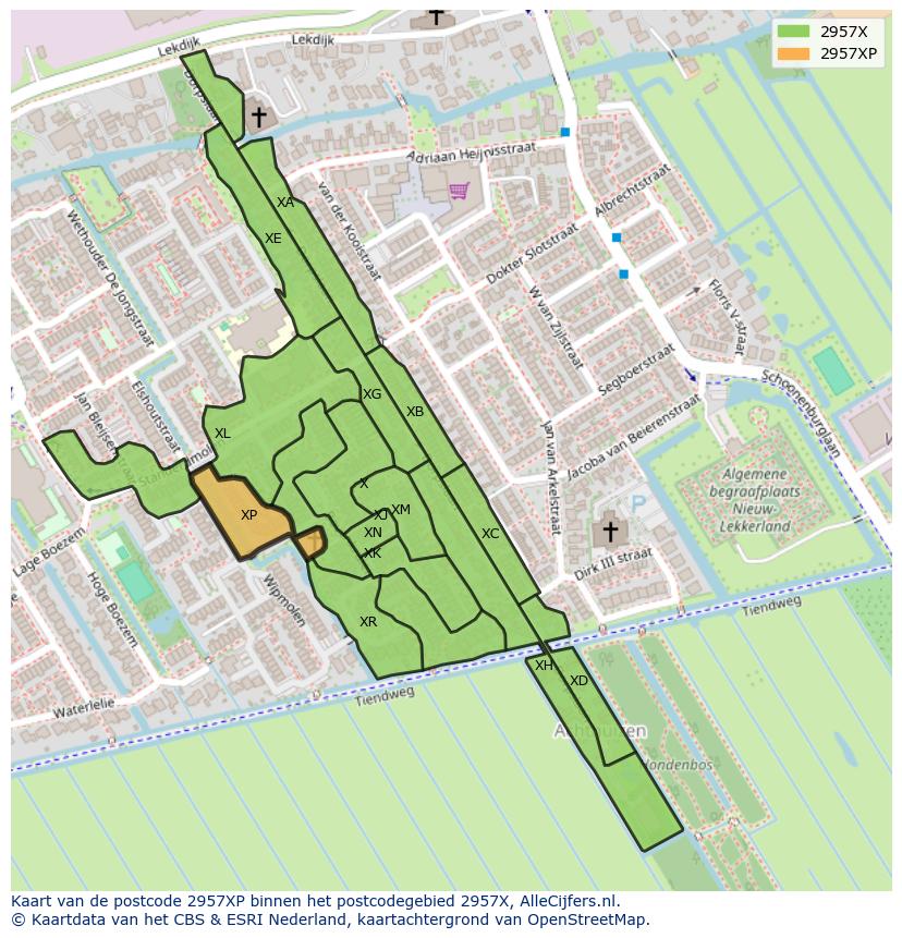 Afbeelding van het postcodegebied 2957 XP op de kaart.