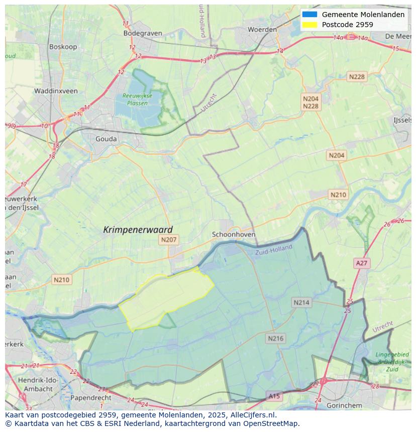 Afbeelding van het postcodegebied 2959 op de kaart.