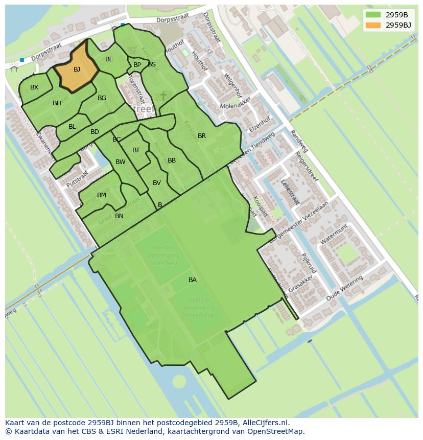 Afbeelding van het postcodegebied 2959 BJ op de kaart.
