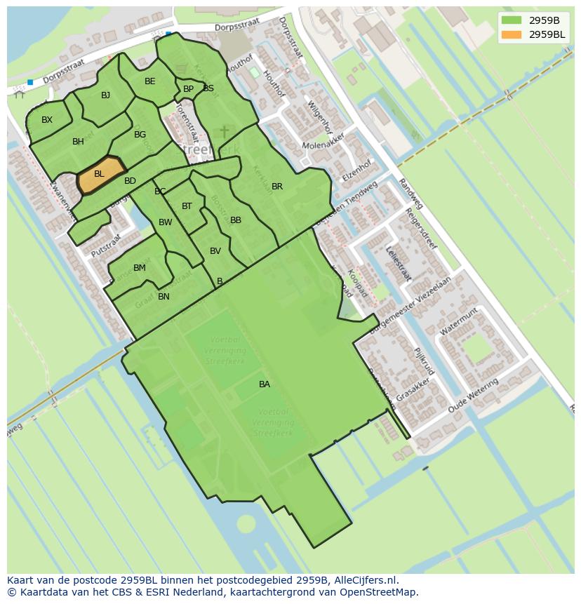 Afbeelding van het postcodegebied 2959 BL op de kaart.
