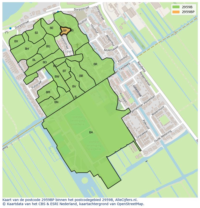 Afbeelding van het postcodegebied 2959 BP op de kaart.