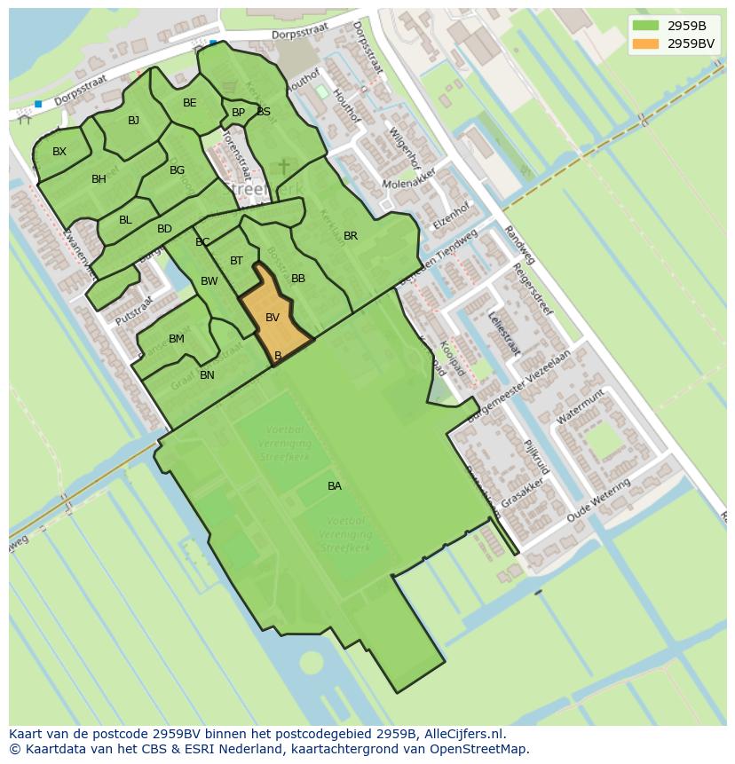 Afbeelding van het postcodegebied 2959 BV op de kaart.