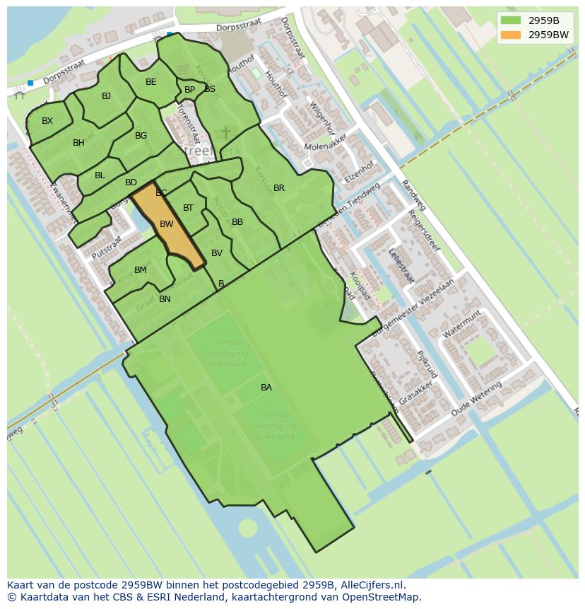 Afbeelding van het postcodegebied 2959 BW op de kaart.