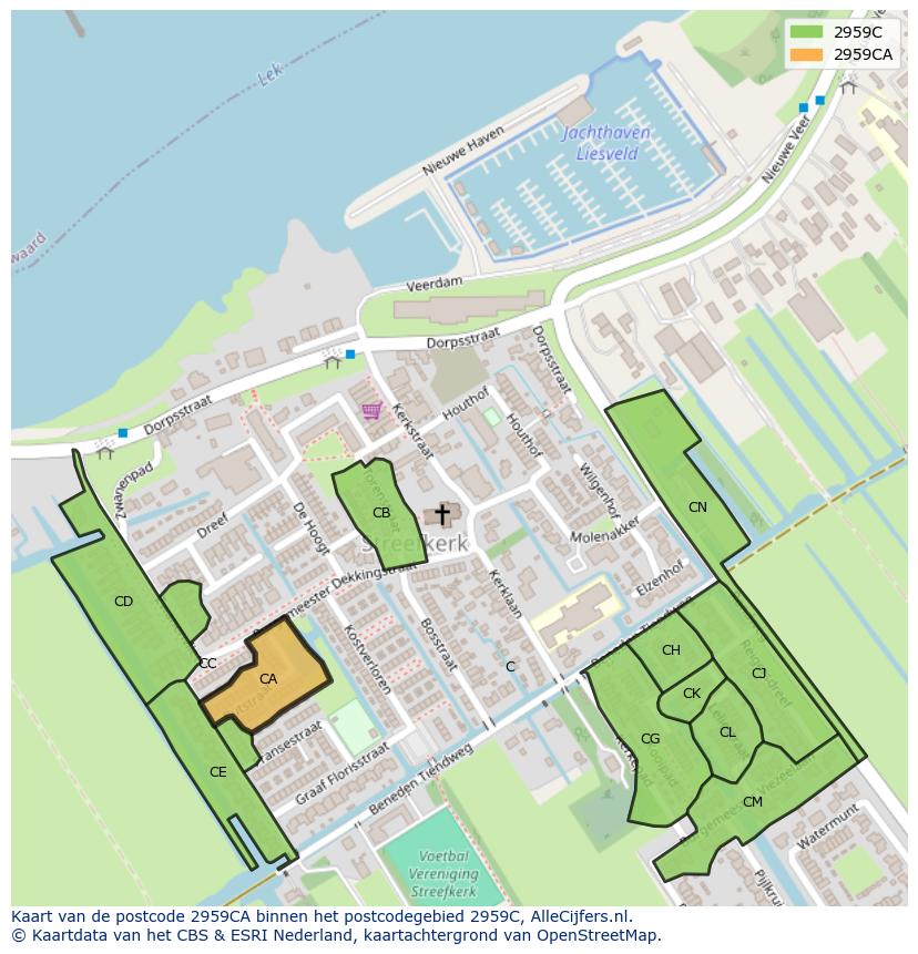 Afbeelding van het postcodegebied 2959 CA op de kaart.