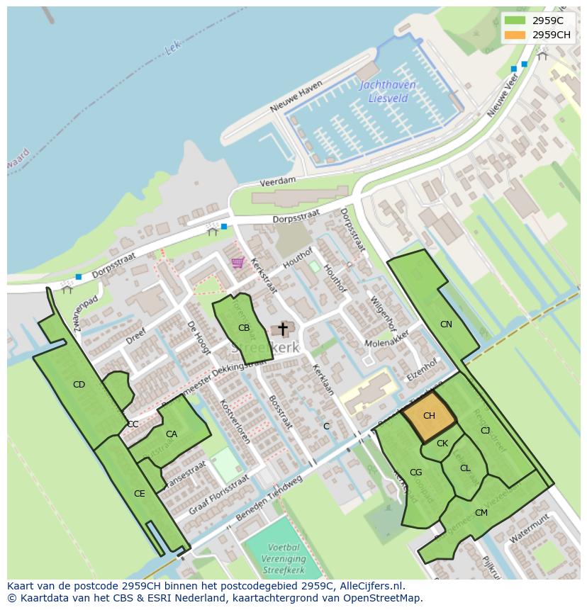 Afbeelding van het postcodegebied 2959 CH op de kaart.