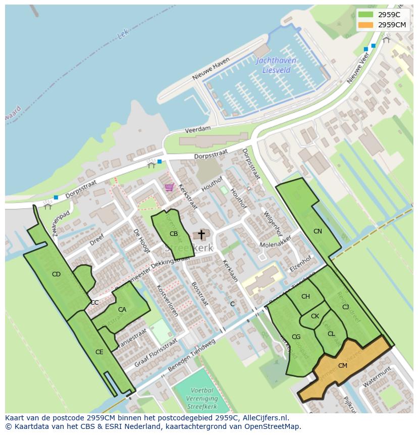 Afbeelding van het postcodegebied 2959 CM op de kaart.