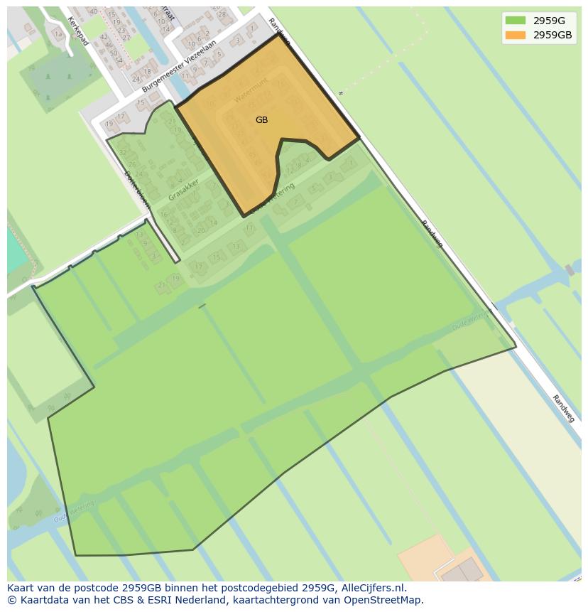 Afbeelding van het postcodegebied 2959 GB op de kaart.