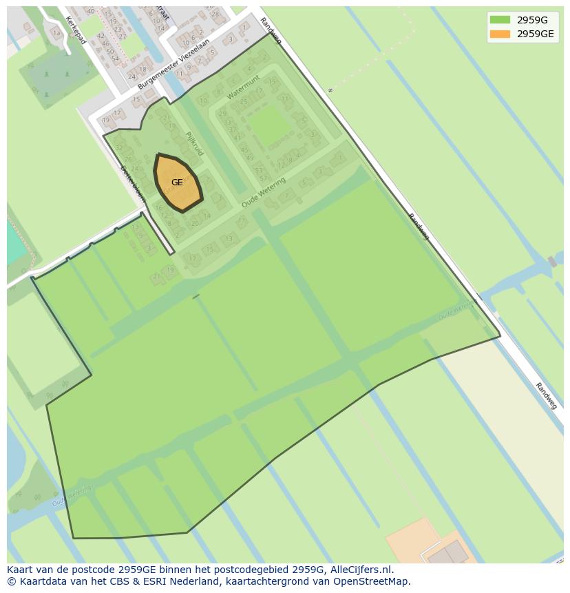 Afbeelding van het postcodegebied 2959 GE op de kaart.