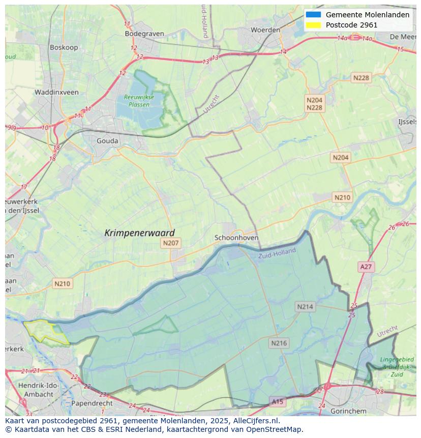 Afbeelding van het postcodegebied 2961 op de kaart.