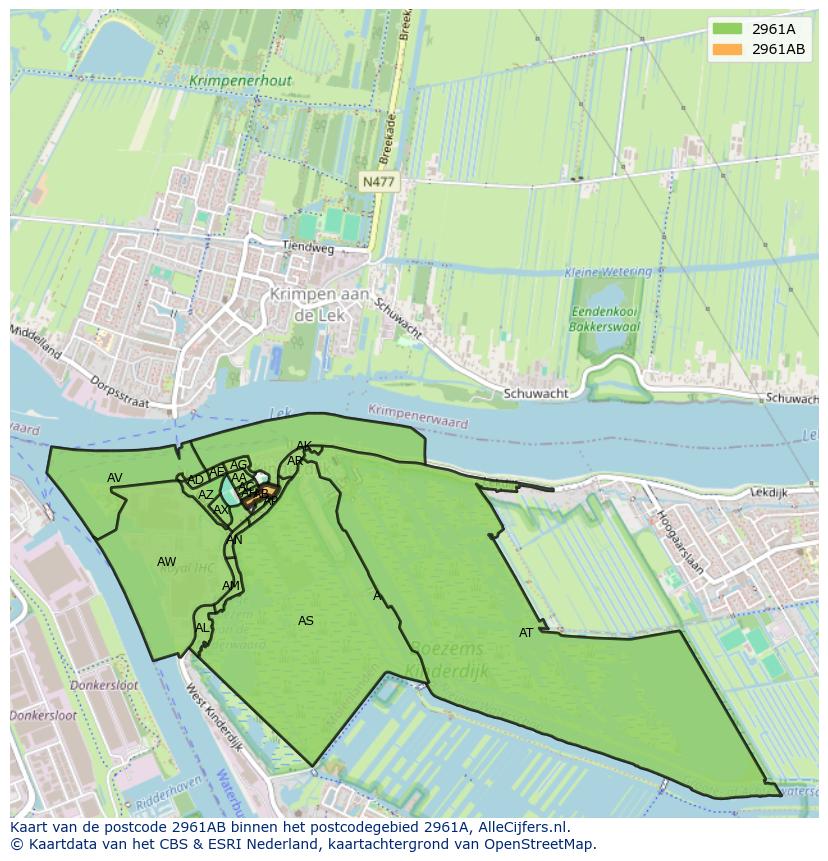 Afbeelding van het postcodegebied 2961 AB op de kaart.