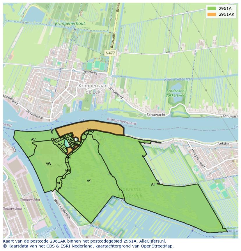 Afbeelding van het postcodegebied 2961 AK op de kaart.