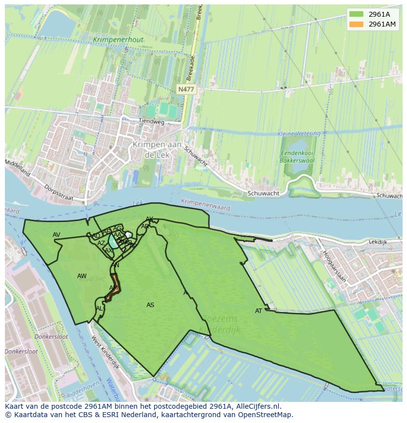 Afbeelding van het postcodegebied 2961 AM op de kaart.