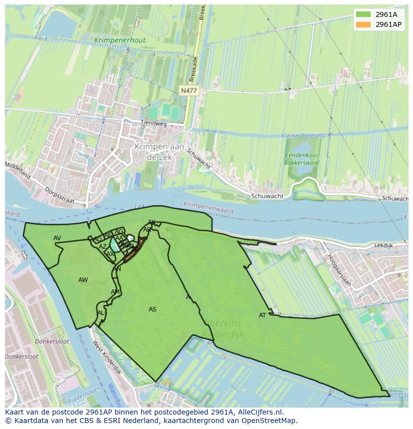 Afbeelding van het postcodegebied 2961 AP op de kaart.