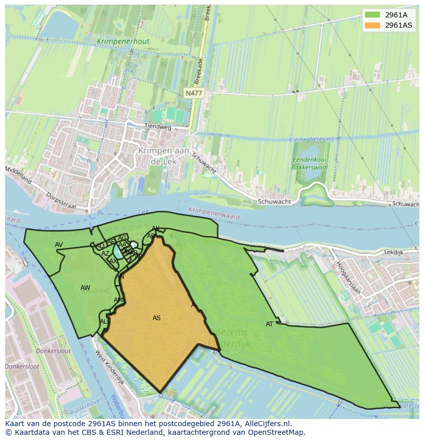 Afbeelding van het postcodegebied 2961 AS op de kaart.