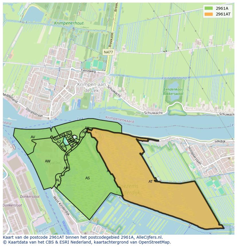 Afbeelding van het postcodegebied 2961 AT op de kaart.