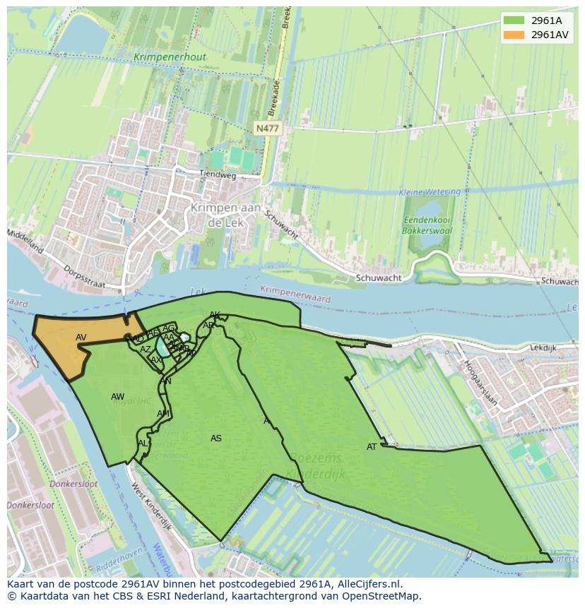 Afbeelding van het postcodegebied 2961 AV op de kaart.