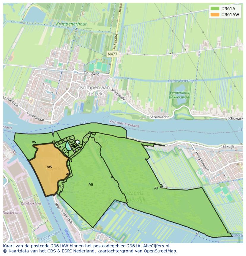 Afbeelding van het postcodegebied 2961 AW op de kaart.