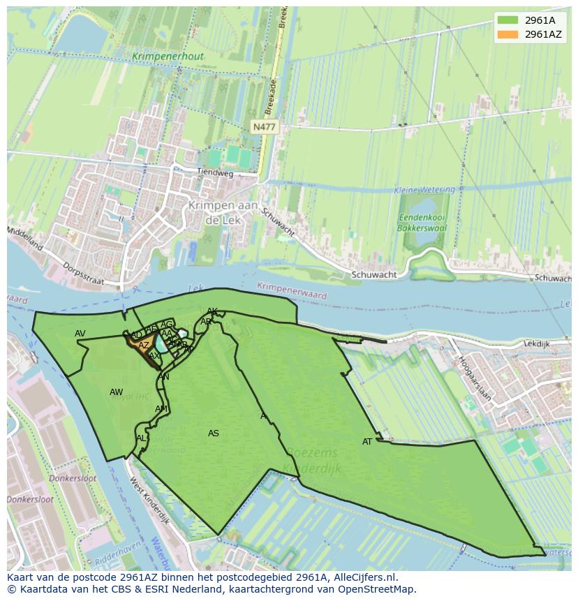 Afbeelding van het postcodegebied 2961 AZ op de kaart.