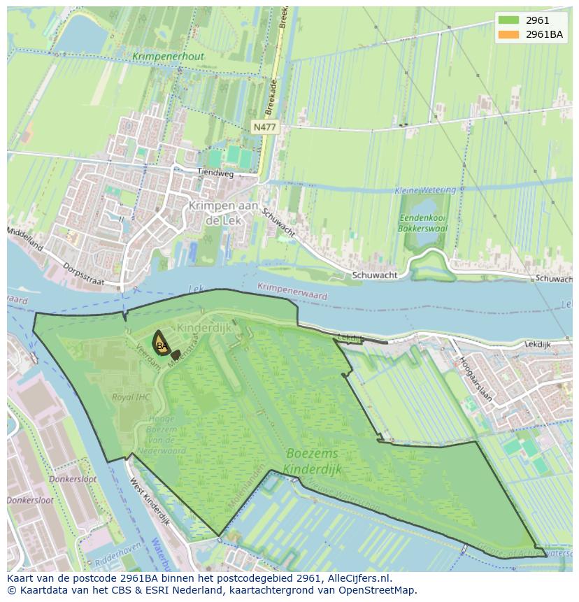 Afbeelding van het postcodegebied 2961 BA op de kaart.