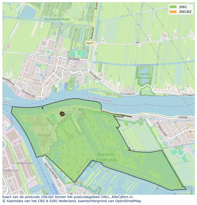 Afbeelding van het postcodegebied 2961 BZ op de kaart.