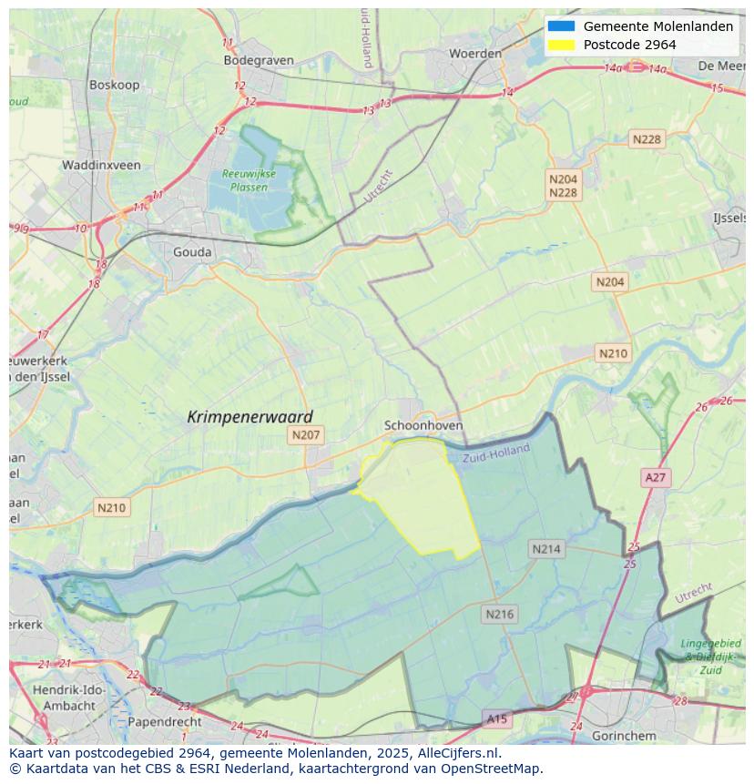 Afbeelding van het postcodegebied 2964 op de kaart.