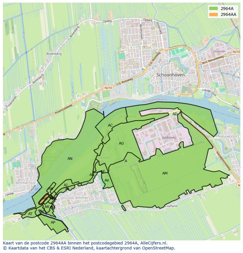 Afbeelding van het postcodegebied 2964 AA op de kaart.