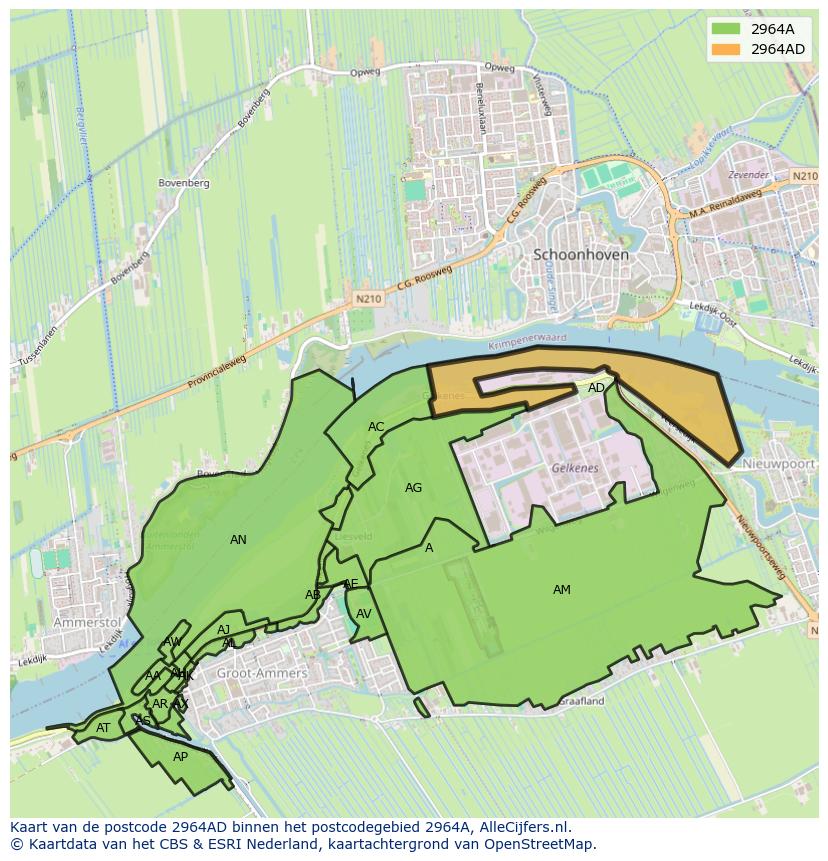 Afbeelding van het postcodegebied 2964 AD op de kaart.