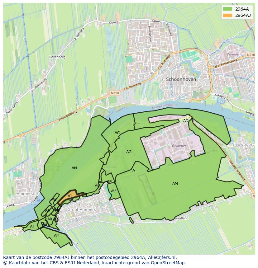 Afbeelding van het postcodegebied 2964 AJ op de kaart.