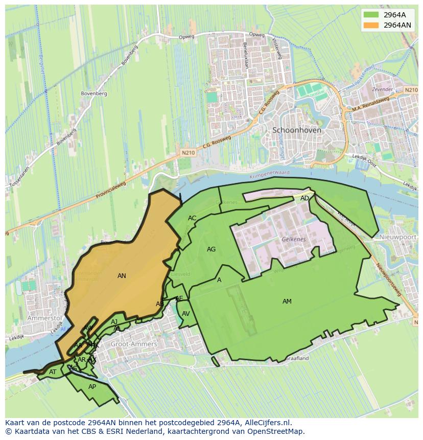 Afbeelding van het postcodegebied 2964 AN op de kaart.