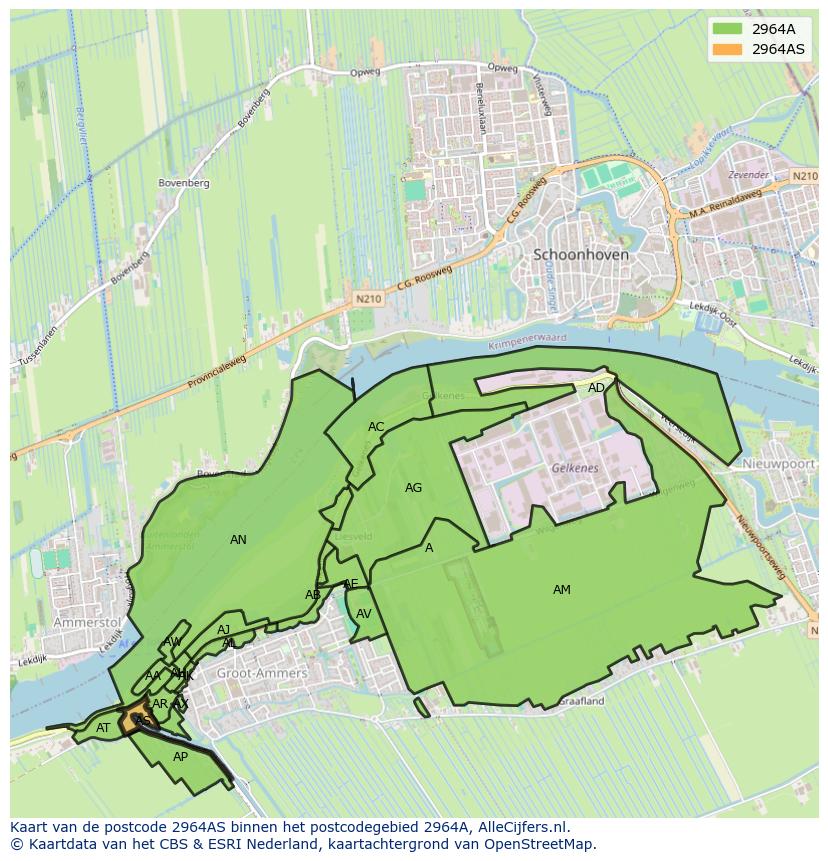 Afbeelding van het postcodegebied 2964 AS op de kaart.