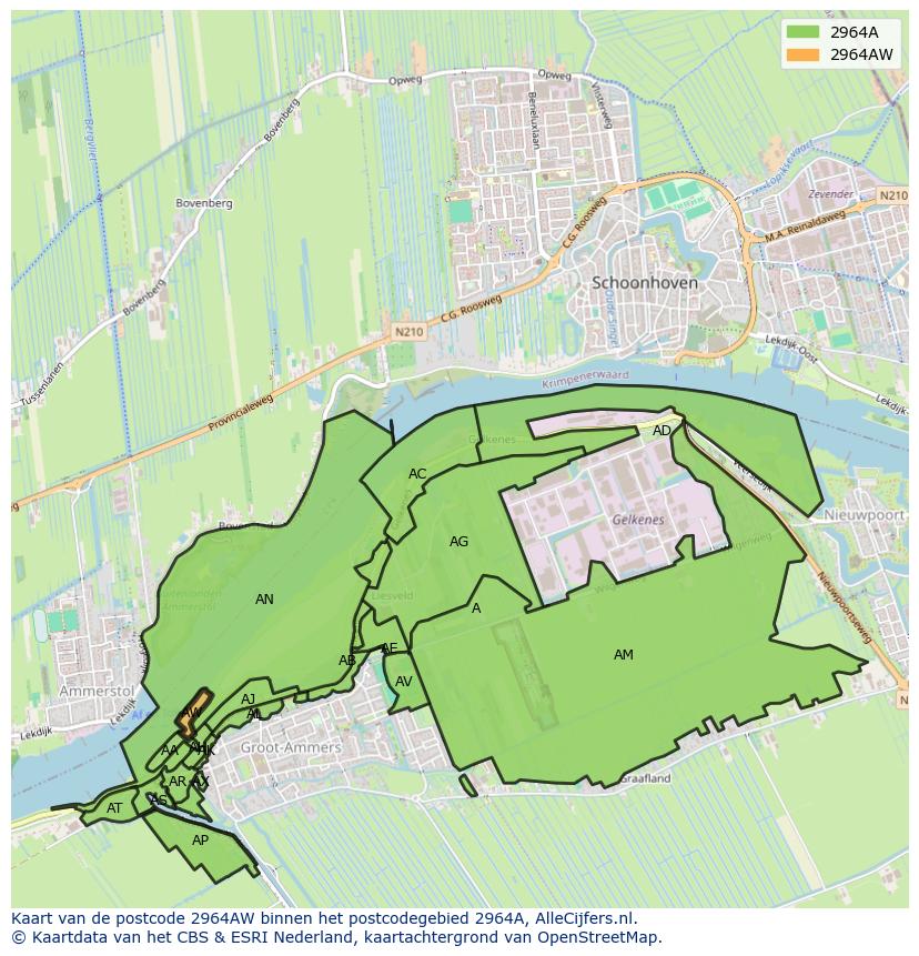 Afbeelding van het postcodegebied 2964 AW op de kaart.