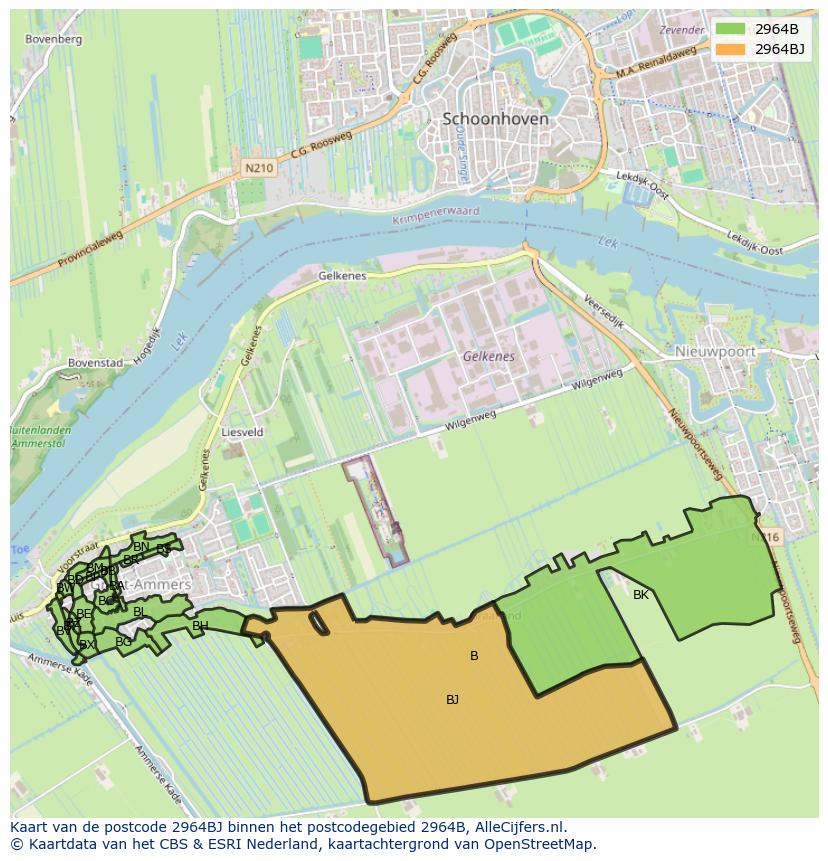 Afbeelding van het postcodegebied 2964 BJ op de kaart.