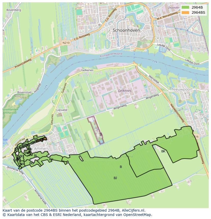 Afbeelding van het postcodegebied 2964 BS op de kaart.
