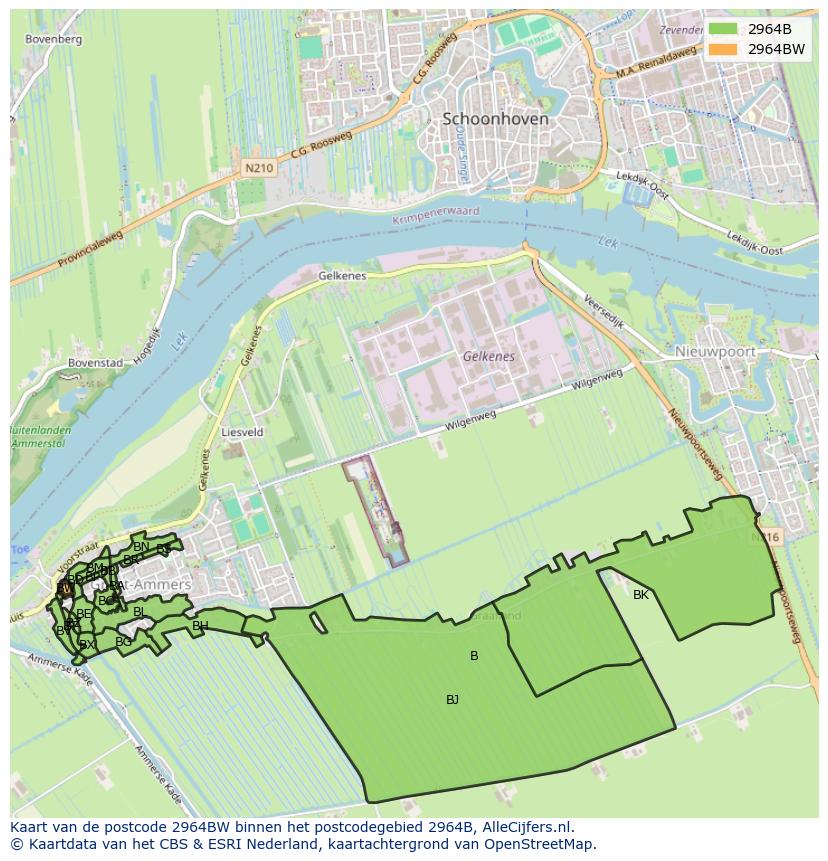 Afbeelding van het postcodegebied 2964 BW op de kaart.