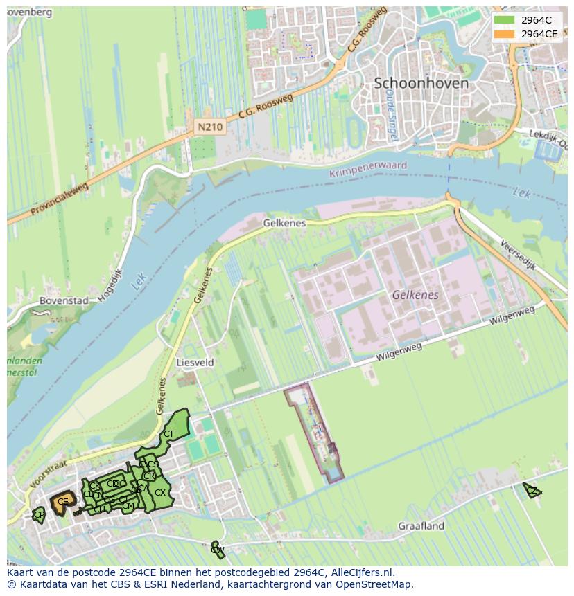 Afbeelding van het postcodegebied 2964 CE op de kaart.