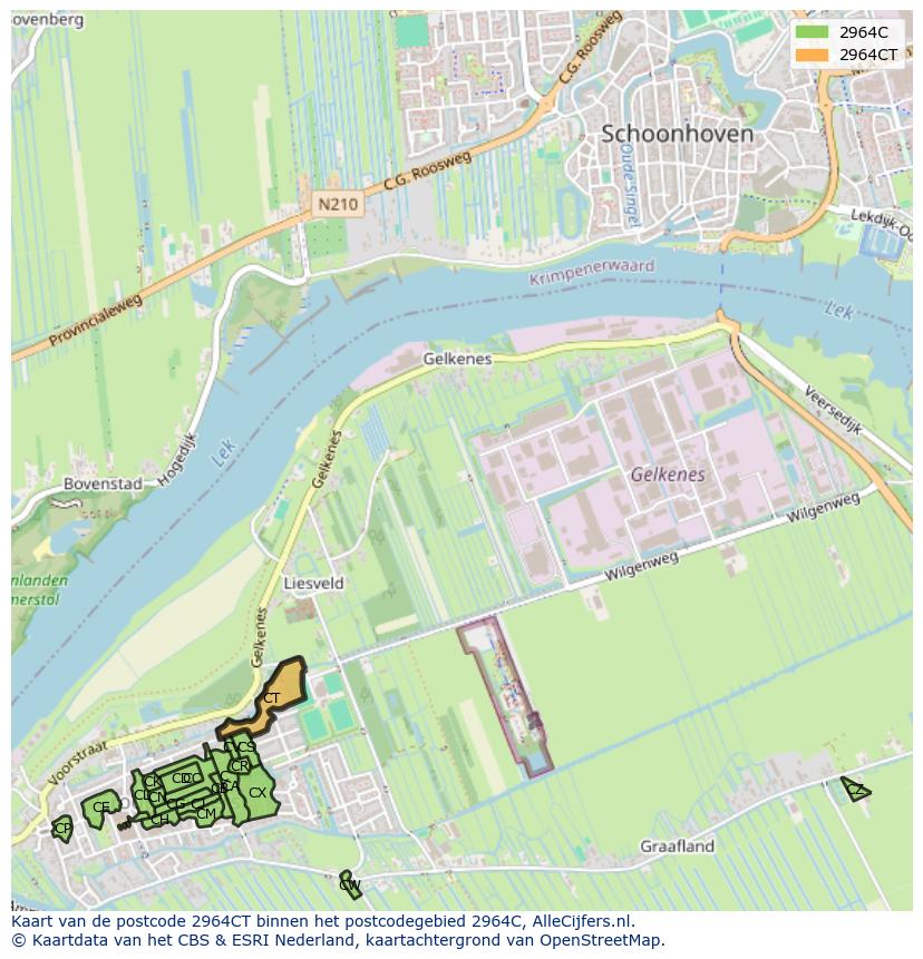 Afbeelding van het postcodegebied 2964 CT op de kaart.