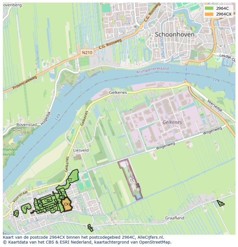 Afbeelding van het postcodegebied 2964 CX op de kaart.